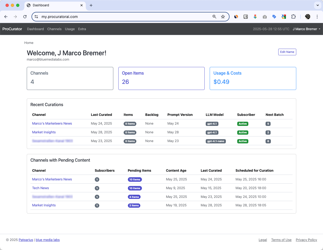 ProCurator dashboard showing curator workflow